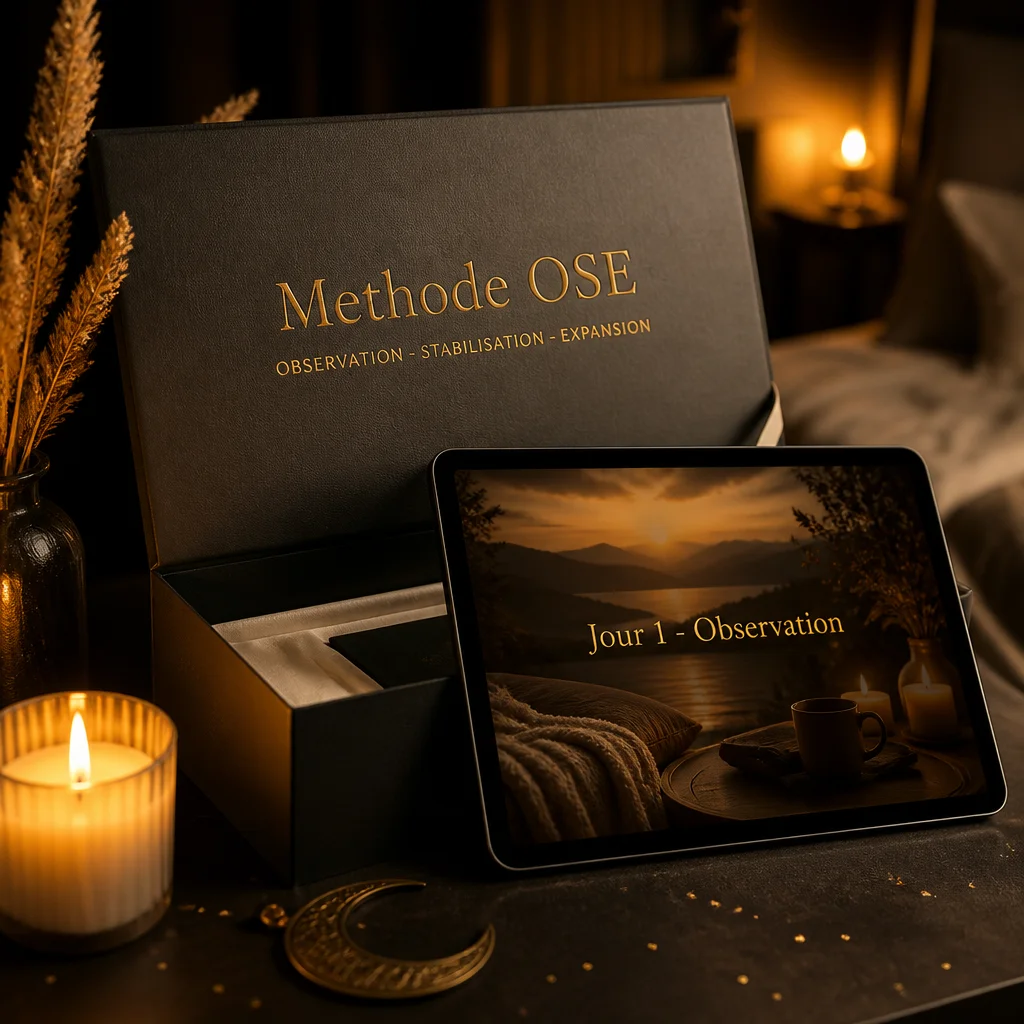 Le coffret Méthode OSE, gravé à l'or, avec la tablette du Jour 1 posée contre lui.